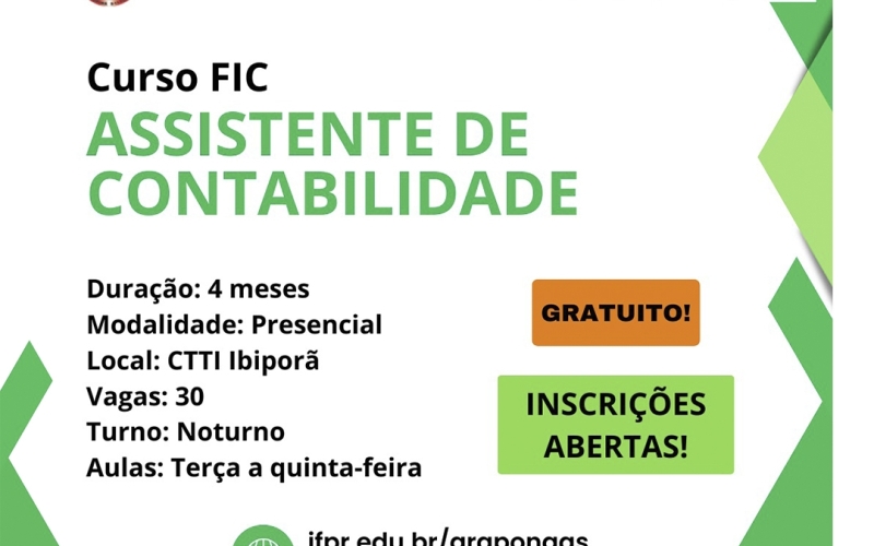 Inscrições abertas para FIC Assistente de Contabilidade em IBIPORÃ